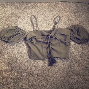 tan/green off the shoulder crop top